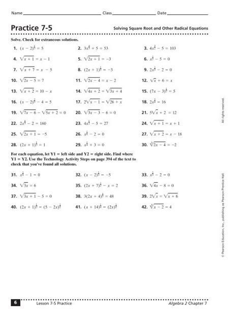 6 7 skills practice solving radical equations and inequalities - Solving Radical Equations and Inequalities. Section 5.5: Performing Function Operations. Section 5.6: Inverse of a Function. Page 286: Chapter Review. Page 289 ...